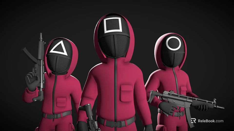 Masked Characters In Red Jumpsuits With Triangle Square Circle Masks Holding Guns 3d model 