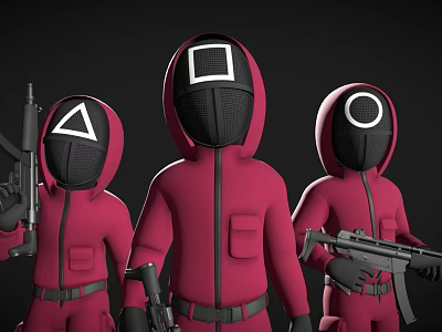 Masked Characters In Red Jumpsuits With Triangle Square Circle Masks Holding Guns 3d model
