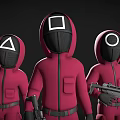 Masked Characters In Red Jumpsuits With Triangle Square Circle Masks Holding Guns