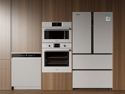 Modern Kitchen With Integrated Dishwasher Oven Microwave And Refrigerator Appliances On Wooden Wall 3d model