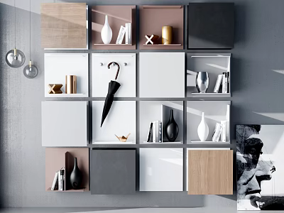 Modular Wall Cabinets With Vases Books Umbrella And Decor In Mixed Colors 3d model