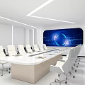 Modern Conference Room With White Table White Chairs Blue Screen And Ceiling Light Strips