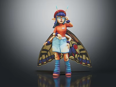 Purple Hair Character With Moth Wings Red Hat Glasses Orange Sweater Blue Shorts Colorful Patterns 3d model