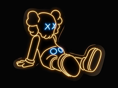 Neon Decorative Light Cartoon Bear Shape With Blue XX Eyes And Belly Against Black Background 3d model