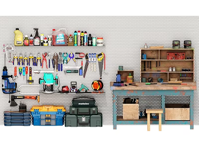 Hardware Tools with Pliers Wrenches Screwdrivers on Wall Rack Workbench and Storage Boxes 3d model