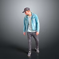 Man Wearing Denim Jacket Light Blue T-shirt Gray Pants Sneakers Gray Cap On Gray Background
