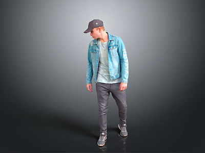 Man Wearing Denim Jacket Light Blue T-shirt Gray Pants Sneakers Gray Cap On Gray Background 3d model