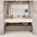 Elegant Bathroom Vanity With Marble Countertop Cabinet Rolled Towels Large Mirror And Mountain View Window