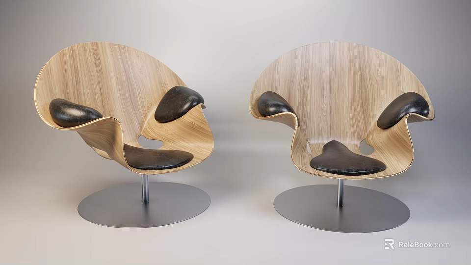 Modern Armchairs With Wooden Frame Black Leather Cushions And Metal Base 3d model 