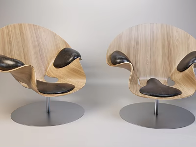 Modern Armchairs With Wooden Frame Black Leather Cushions And Metal Base 3d model