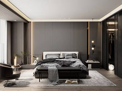 Modern Bedroom Interior Design With Dark Wall Paneling Pendant Lights King Bed And Area Rug 3d model