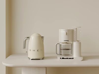 Stylish White Electric Kettle and Coffee Maker Daily Household Appliances on Modern Countertop 3d model