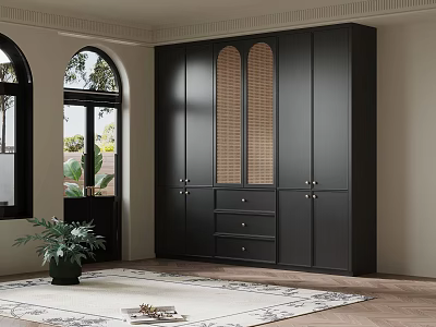 Black Wardrobe Interior Design With Arched Doors Window Plant And Carpet 3d model