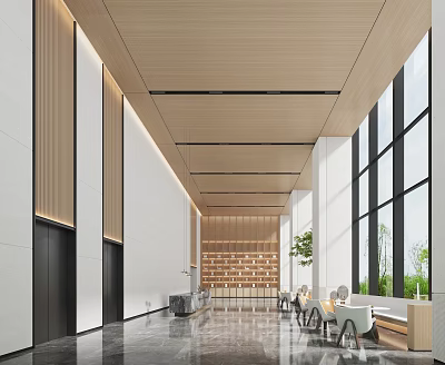 Modern Service Hall Interior With Large Windows And Seating Area 3d model