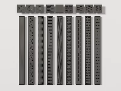 Bathroom Small Accessories Various Black Metal Drain Covers And Decorative Strips With Perforated Patterns 3d model