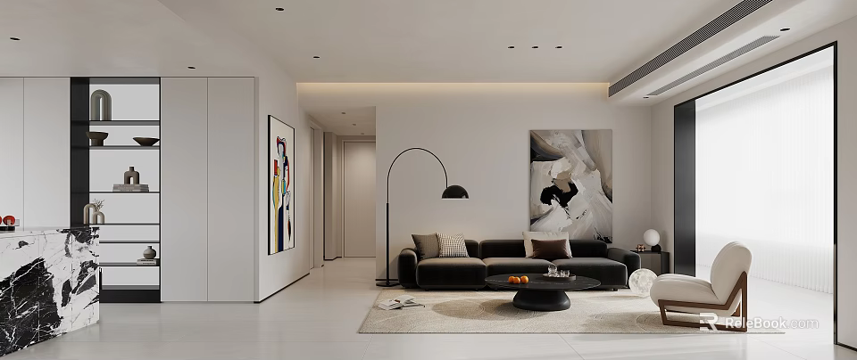 Modern Living and Dining Room Interior With Black Sofa Floor Lamp Artworks And Coffee Table 3d model 