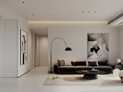 Modern Living and Dining Room Interior With Black Sofa Floor Lamp Artworks And Coffee Table 3d model