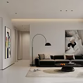 Modern Living and Dining Room Interior With Black Sofa Floor Lamp Artworks And Coffee Table