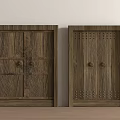 Vintage Wooden Double Doors With Crossed Lines Dot Patterns And Decorative Hardware On Light Wall