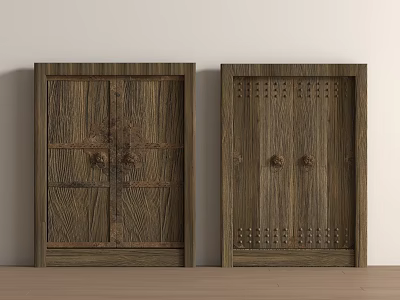 Vintage Wooden Double Doors With Crossed Lines Dot Patterns And Decorative Hardware On Light Wall 3d model