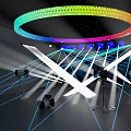 Colorful Stage With Rainbow Circular Light Blue Lights White Laser Beams And Black Floor Lines