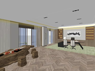 Modern Office Interior Design With Herringbone Wooden Flooring Large Windows Office Desk And Wall Artwork 3d model