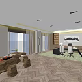 Modern Office Interior Design With Herringbone Wooden Flooring Large Windows Office Desk And Wall Artwork