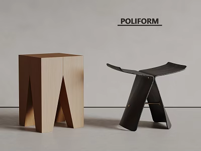 Poliform Modern Stools With Light Wood Geometric Design And Black Sculptural Structure 3d model