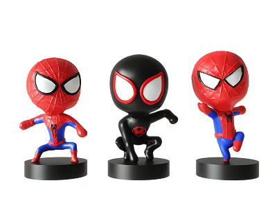 Cute Spider-Man Dolls in Red and Black with Different Poses on Black Bases 3d model