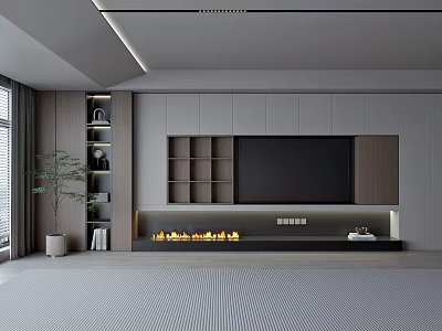 Modern TV Cabinet Design With Wooden Shelves TV Fireplace And Storage Lighting 3d model