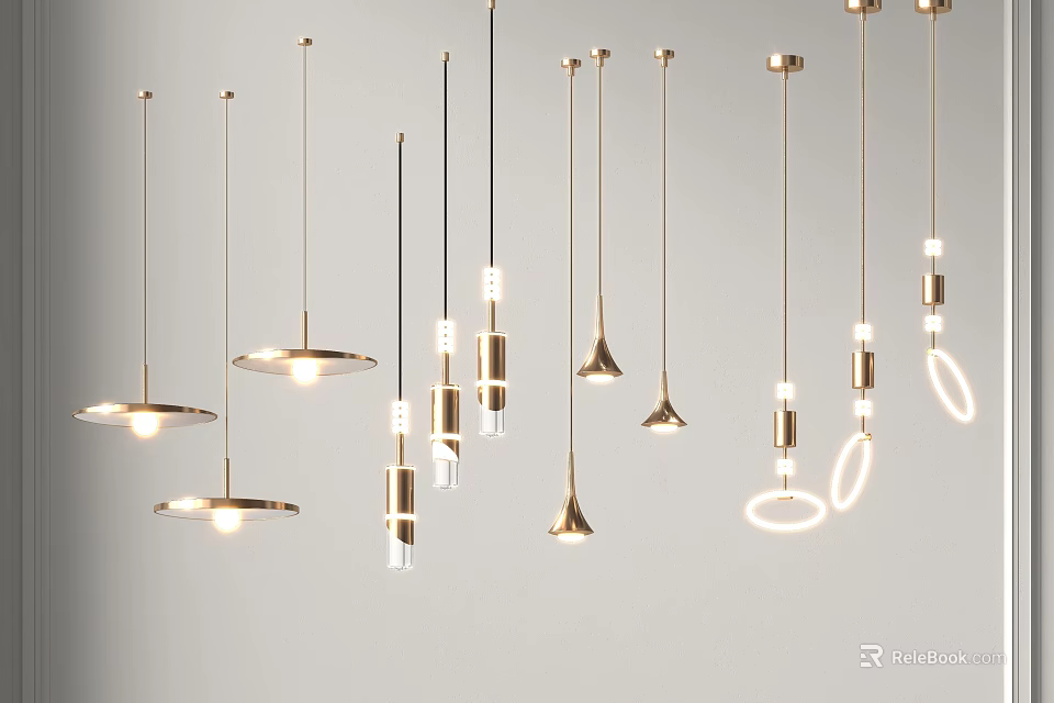 Modern Pendant Lights with Various Shapes and Metallic Finish Hanging in Interior 3d model 