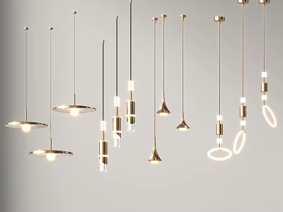 Modern Pendant Lights with Various Shapes and Metallic Finish Hanging in Interior 3d model
