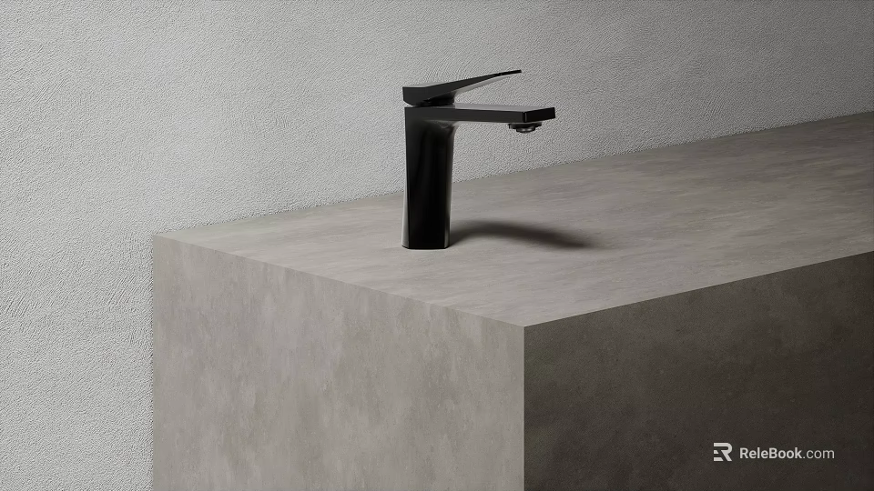 Modern Black Faucet On Sleek Gray Countertop Minimalist Bathroom Interior Design 3d model 
