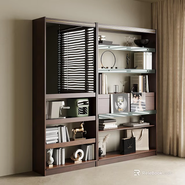 Modern Elegant Bookcase Interior Design With Books Decorative Items And Photo Frames 3d model 