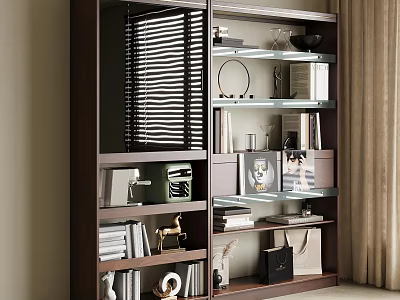 Modern Elegant Bookcase Interior Design With Books Decorative Items And Photo Frames 3d model