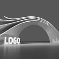 Modern Event Entrance Design With Silver Wave Arch LOGO And City Silhouette