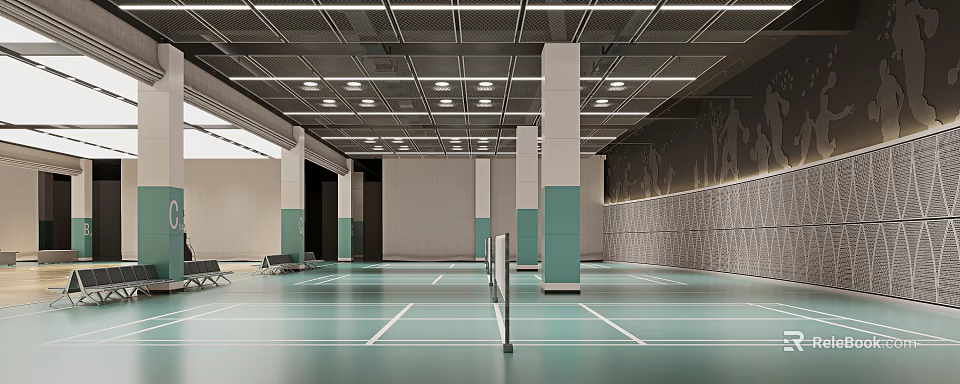 Indoor Badminton Court Sports Facility With Ceiling Lighting And Flooring 3d model 