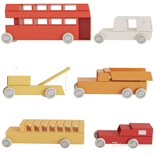 Various Colored Electric Toy Vehicles Including Bus Truck Tow Truck And Dump Truck 3d model 