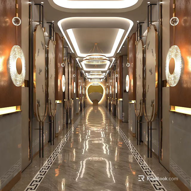 KTV Luxurious Corridor With Chandelier Shiny Marble Floor And Decorative Walls 3d model 