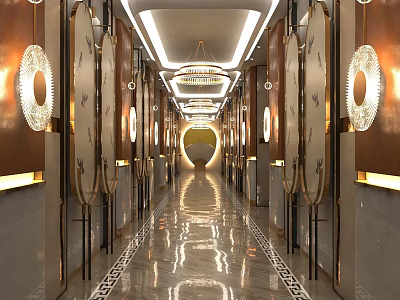 KTV Luxurious Corridor With Chandelier Shiny Marble Floor And Decorative Walls 3d model