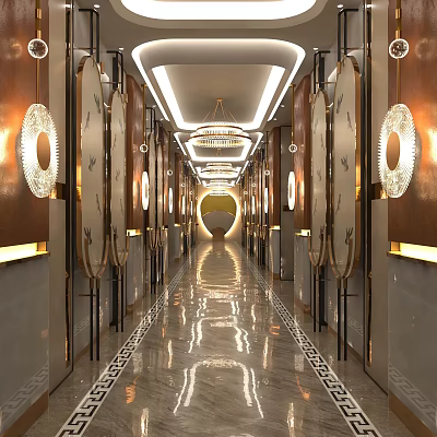 KTV Luxurious Corridor With Chandelier Shiny Marble Floor And Decorative Walls 3d model