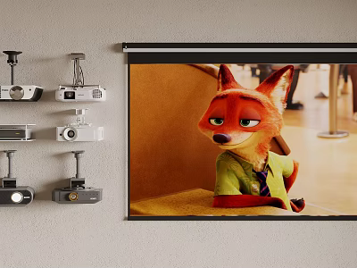 Multiple Projectors Mounted On Wall With Projection Screen Showing Animated Character 3d model