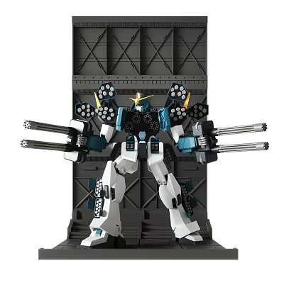 Robot Model Featuring Multiple Cannons Mechanical Structure Background White Blue Black And Yellow Head Decoration 3d model
