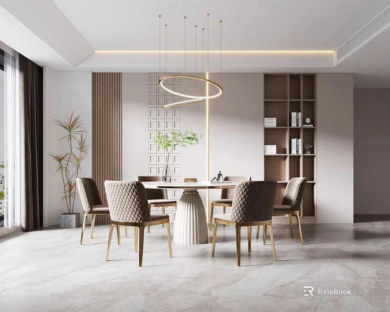 Modern Elegant Restaurant Interior With Dining Table Chairs Pendant Light Wooden Bookshelf And Green Plants 3d model 