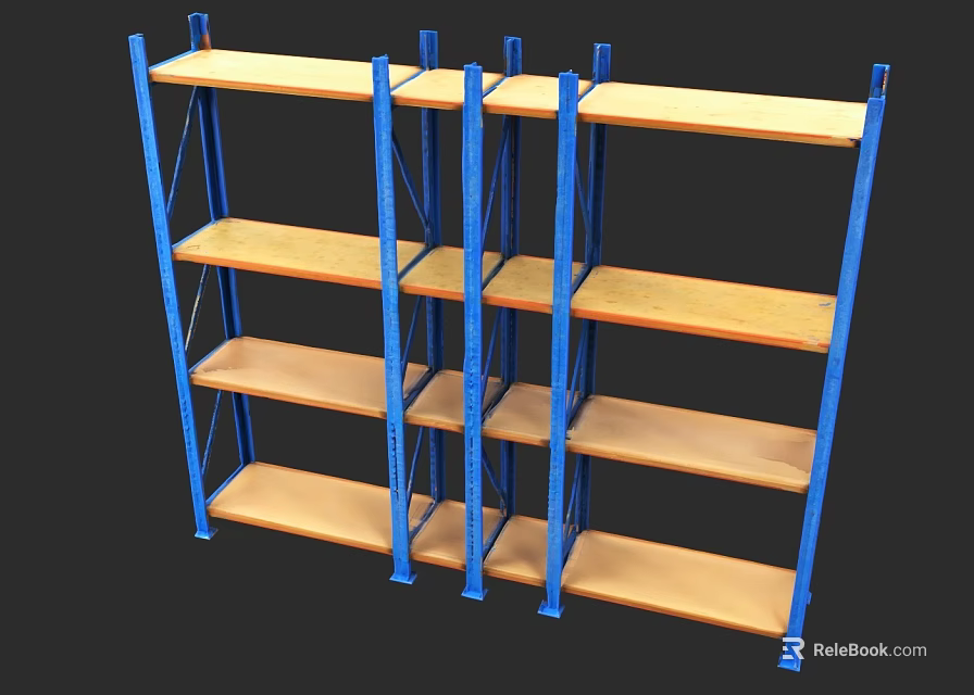 Blue Metal Frame Shelving Unit With Wooden Shelves And Multiple Tiers 3d model 