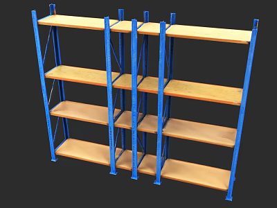 Blue Metal Frame Shelving Unit With Wooden Shelves And Multiple Tiers 3d model
