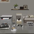 Home Office Desk Setup with Printer Green Plants Photo Frames Dumbbell Coffee Cup