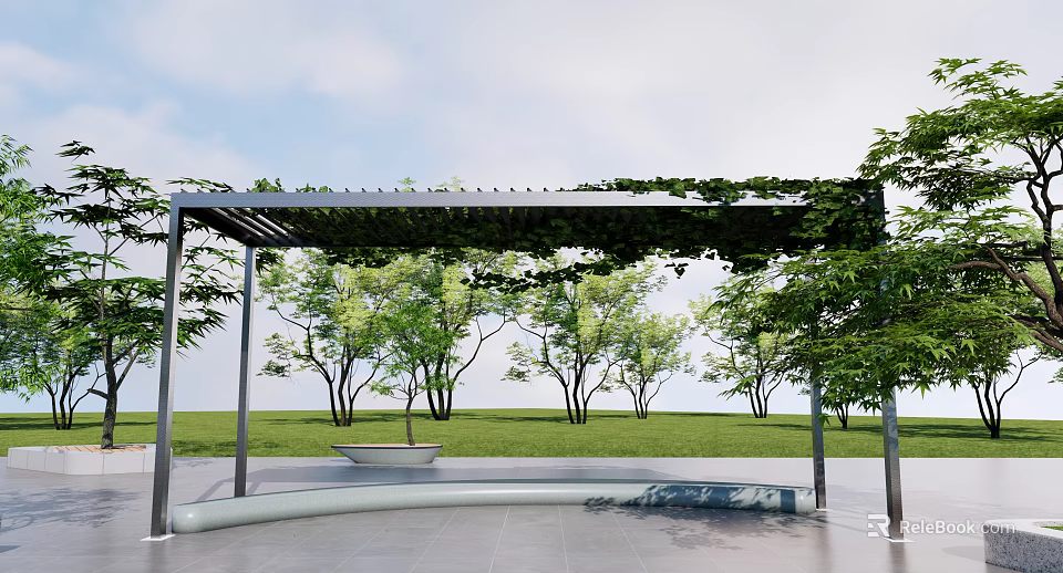 Modern Pergola Covered With Lush Green Vines Surrounded By Trees And Lawn 3d model 