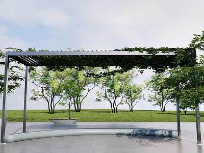 Modern Pergola Covered With Lush Green Vines Surrounded By Trees And Lawn 3d model