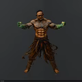 Muscular Man With Tattoos Wearing Green Gloves And Brown Traditional Outfit In Fighting Stance